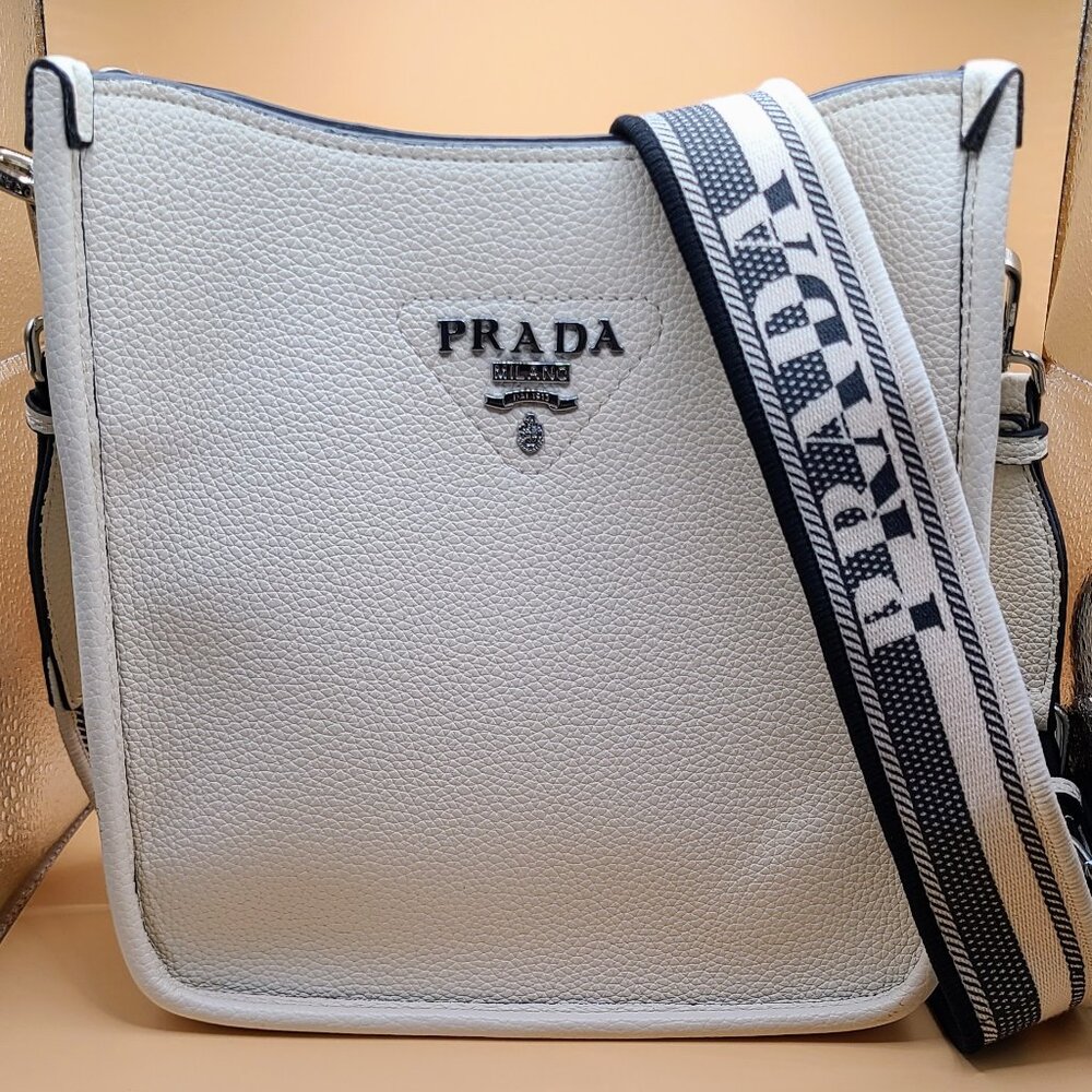 Prada Mini Leather Shoulder Bag White Silver Hardware with 2 Straps